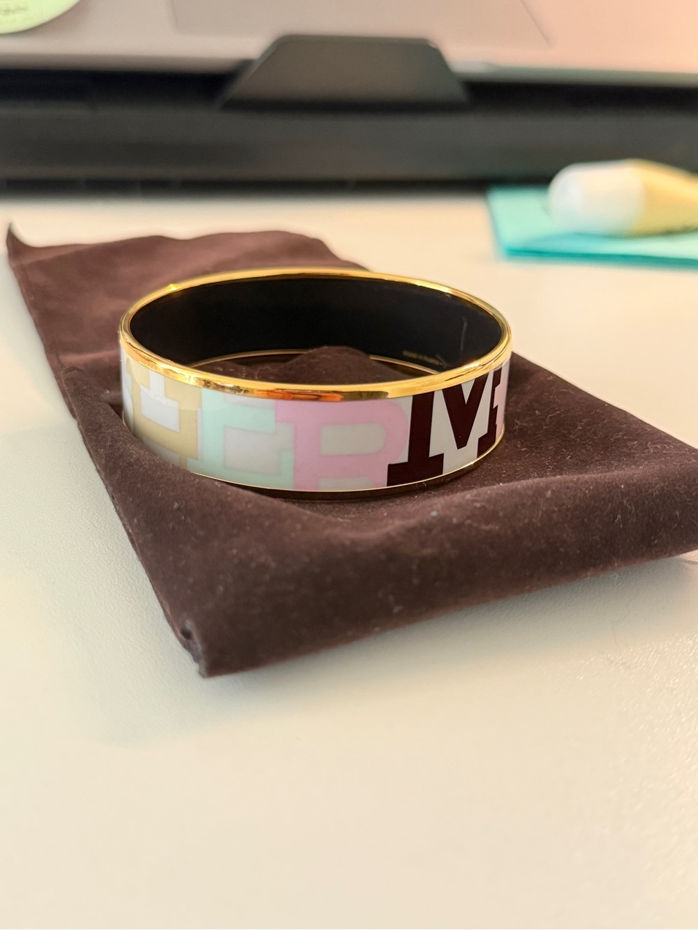 Hermes capitales Enamel Bangle - Pink, White, Mint & Burgundy with Gold Trim